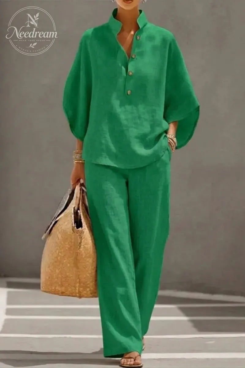 🔥 49% OFF🔥Women's Batwing Sleeve Linen Cotton Two-Piece Set – Casual Shirt & Wide Leg Pants Outfit