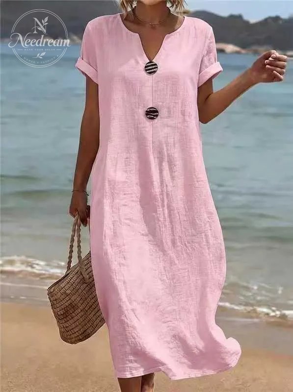 🌿 Summer Midi Dress with V-Neck & Decorative Buttons – Light Linen Material, Short Flared Sleeves