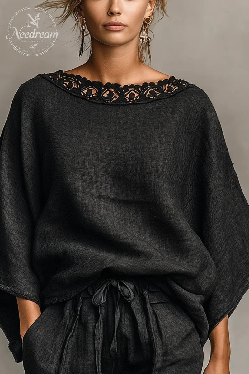 Women's Minimalist Linen Blend Lace Boat Neck Blouse And Shorts Set