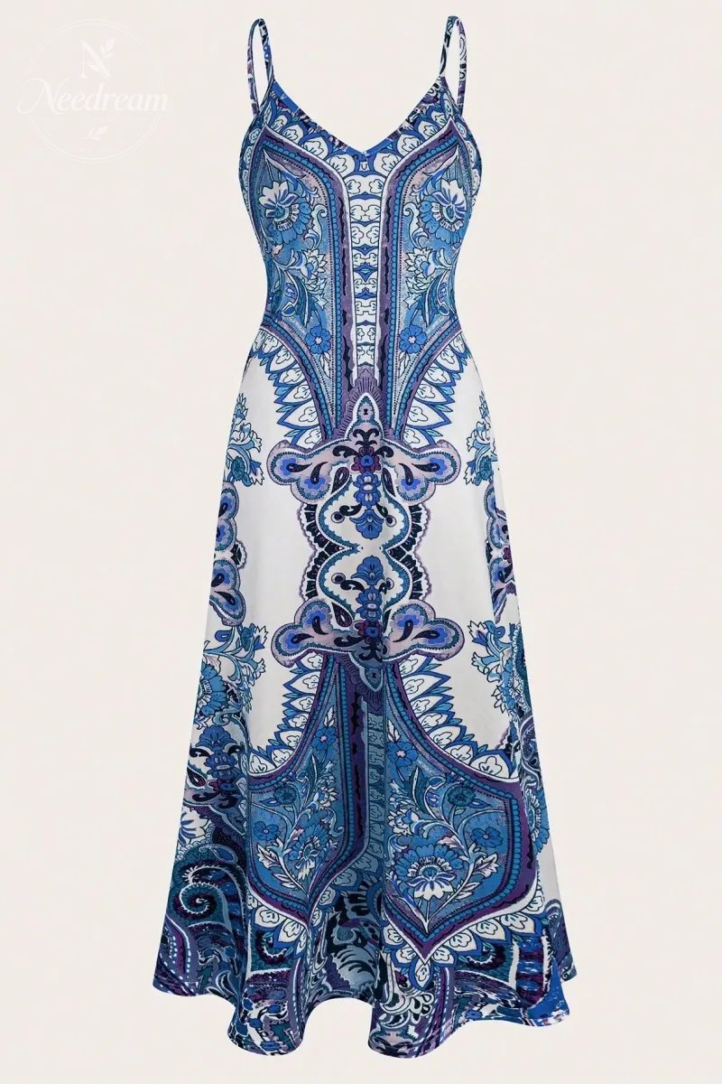 Women's Floral Print Dress, Boho Sleeveless Spaghetti Strap Maxi Dress