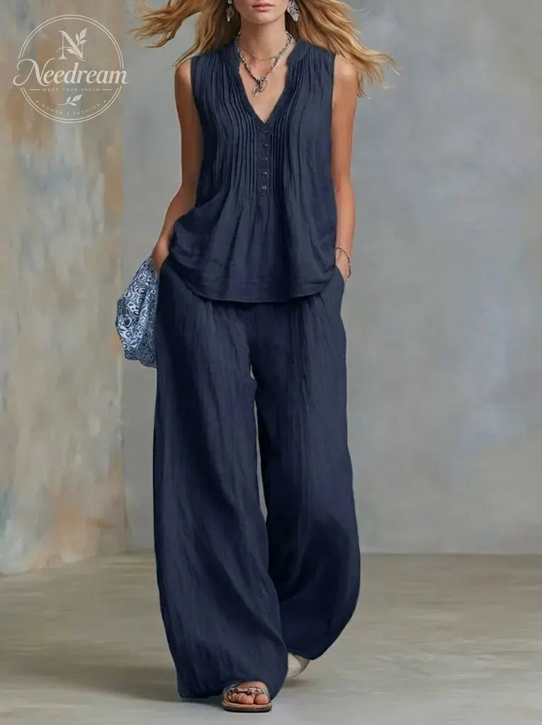 Plus Size Friendly Casual Linen And Cotton Pleated Sleeveless Top And Pants Two-piece Set
