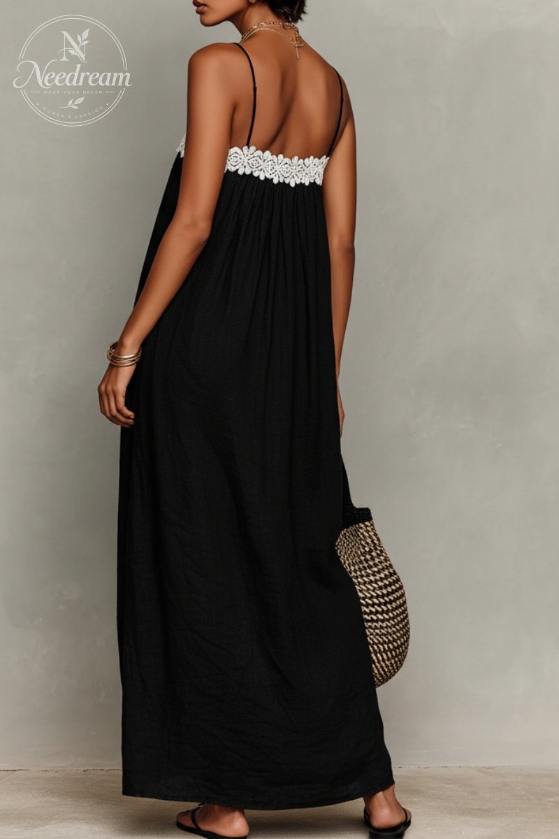 Women's Minimalist Linen-Blend Lace-Paneled Strapless With Spaghetti Straps Maxi Dress