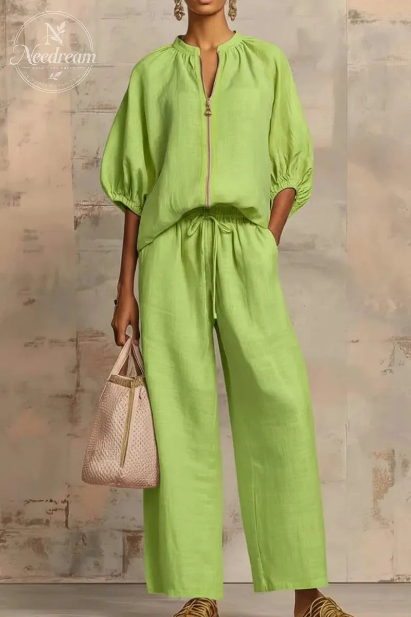New Arrivals🔥 Stylish Cozy Zipper Shirt & Wide-Leg Pants Linen Cotton Two-Piece Set