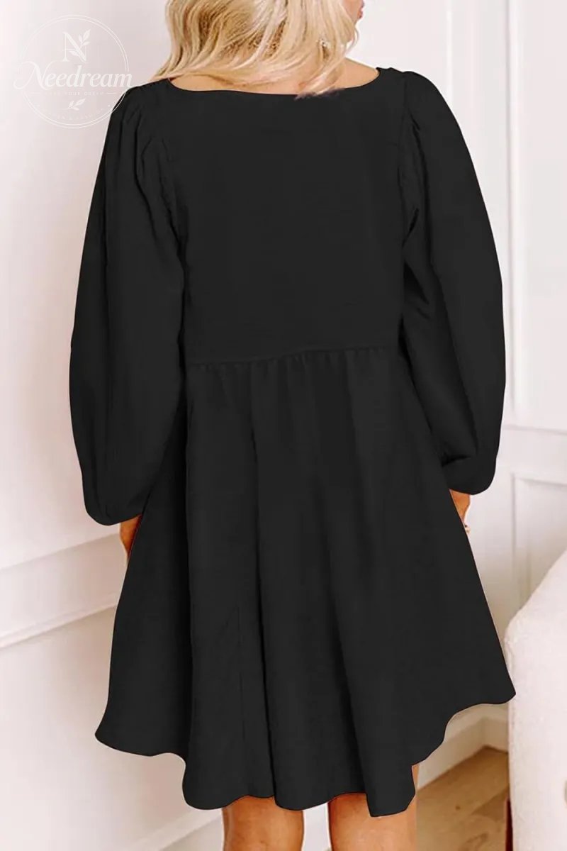 Smocked Crewneck Button Up Long Sleeve Empire Waist A-Line Mini Dress
