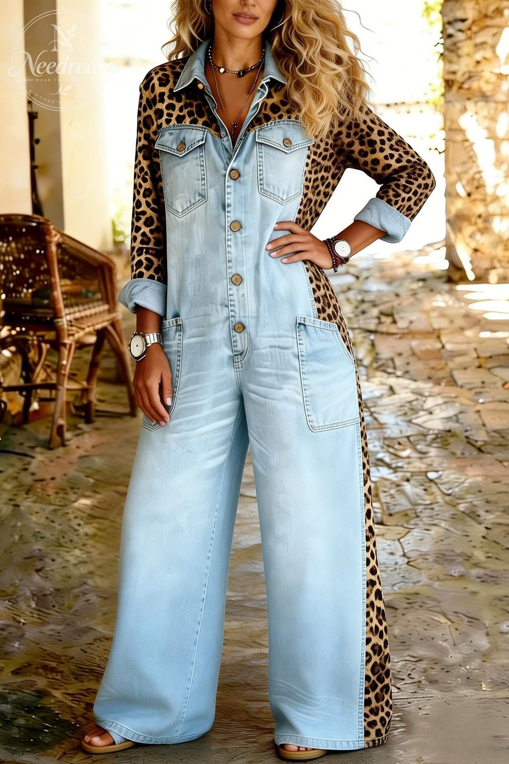 Women's Casual Long-Sleeved Pocket Leopard Print Denim Jumpsuit