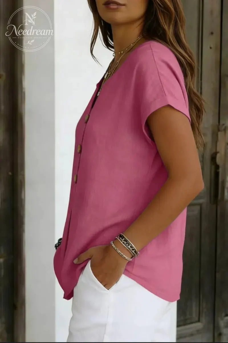 Decor Button Short Sleeve Blouse
