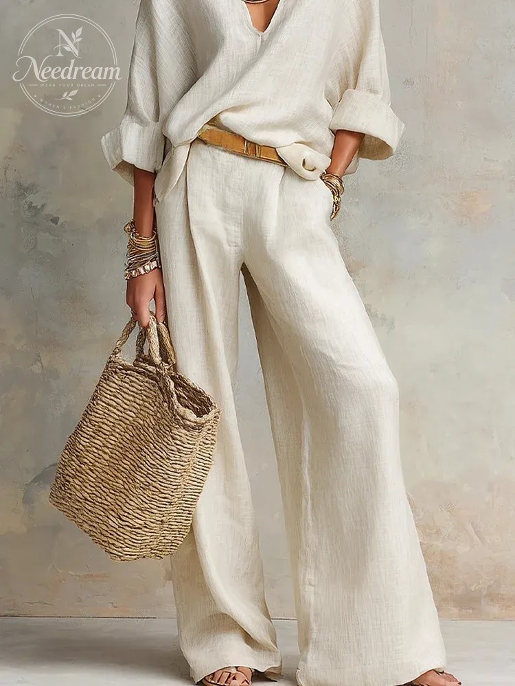 Off White Natural Linen Loose Fitting Resort Wear Set