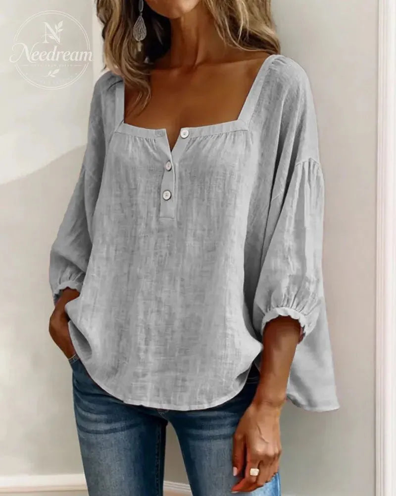 🌸Pink Square-Neck Half-Button Shirt