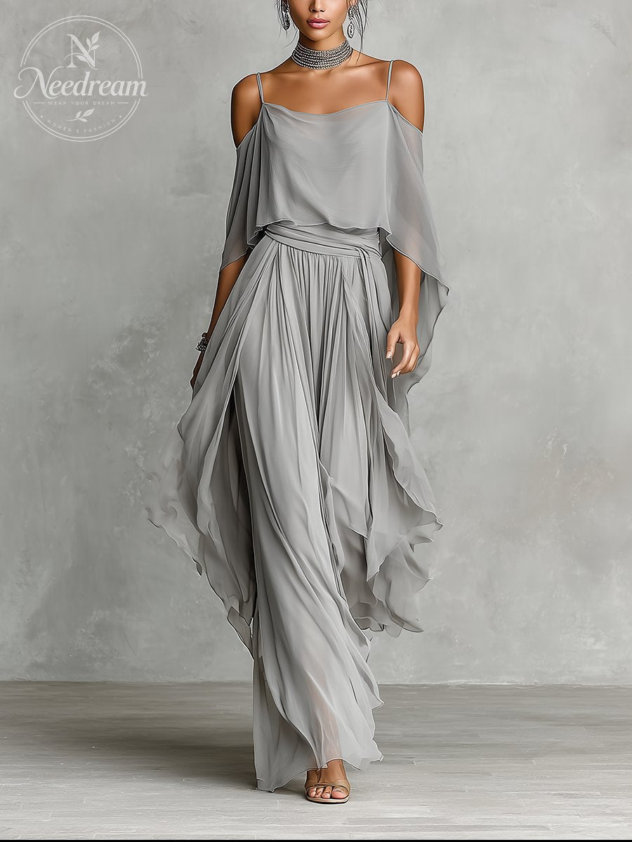 Women's Grey Breathable Chiffon Set With Cold-Shoulder Detail & Flared Silhouette, Contemporary Luxury-Feminine Style Set