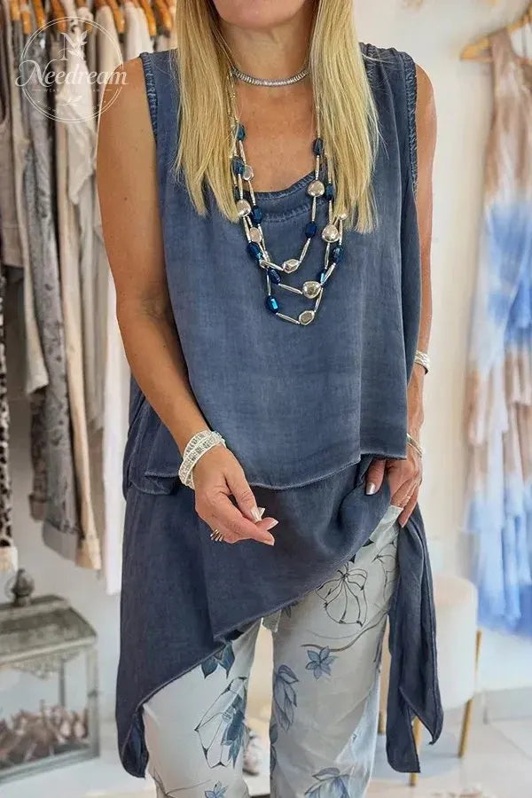 Women's Solid Color Sleeveless Casual Fake Two-piece Irregular Loose Top