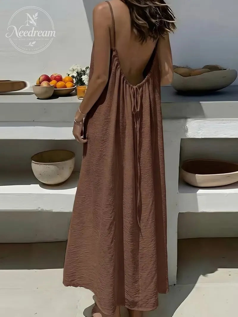 Women'S Solid-Color Camisole Loungewear, Elegant Sleeveless Maxi Dress