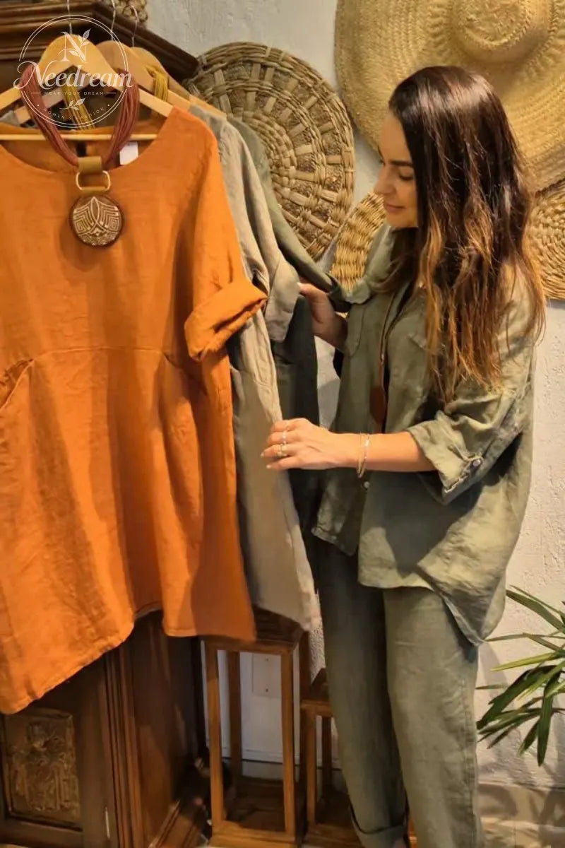 Solid Color Loose Casual Pocket Cotton Linen Dress