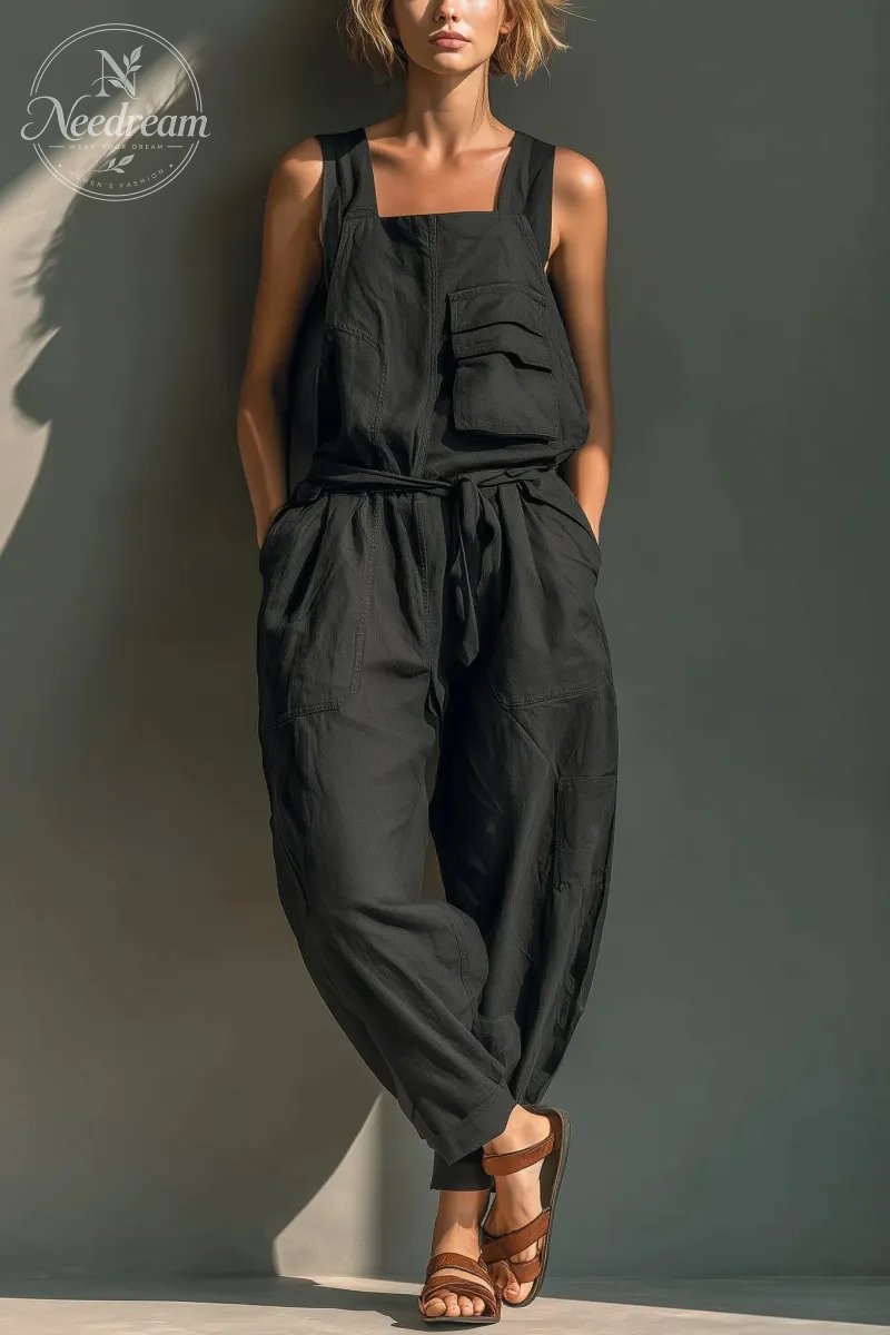 Women's Black Cotton Blend Sleeveless Jumpsuit With Square Neck & Utility Pocket Detail
