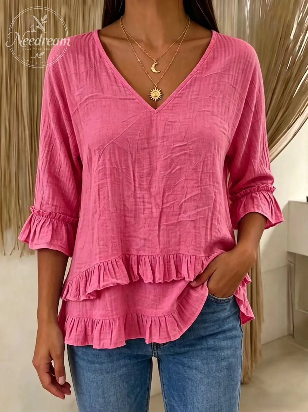 Women's V-Neck Cotton-Linen Top with Ruffled Hem