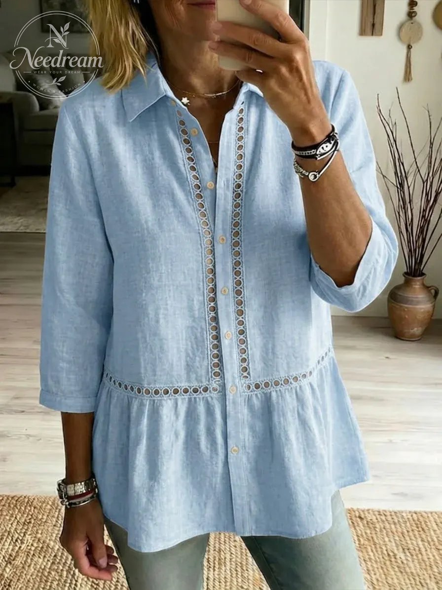 Women’s Casual Patchwork Openwork Webbing Linen And Cotton Shirt
