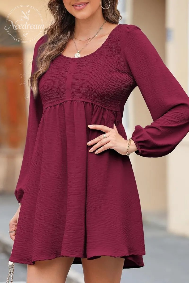 Smocked Crewneck Button Up Long Sleeve Empire Waist A-Line Mini Dress