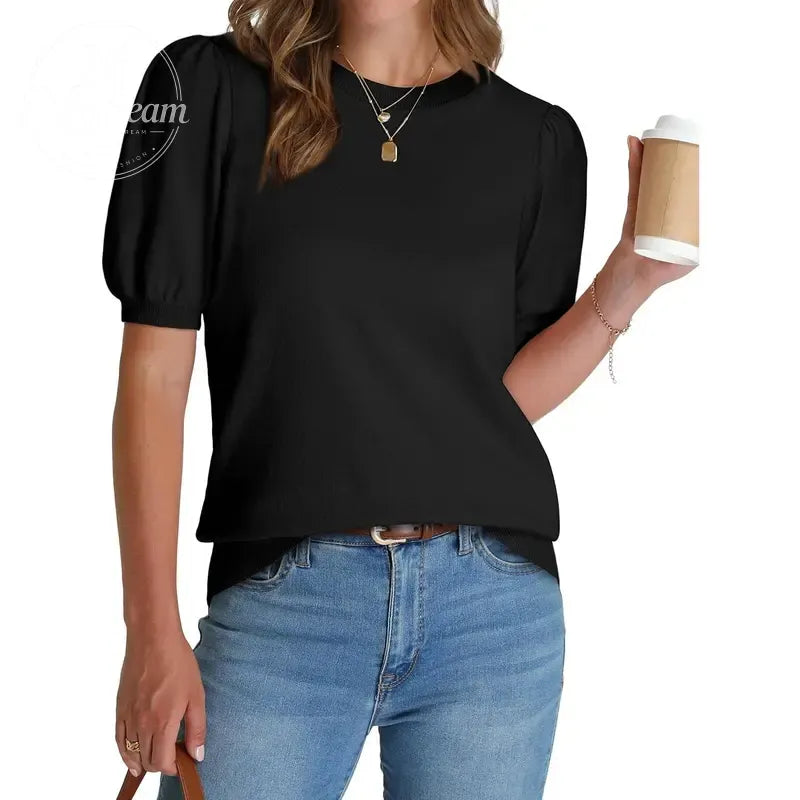 Women's Puff Short Sleeve  Lightweight Knit Top