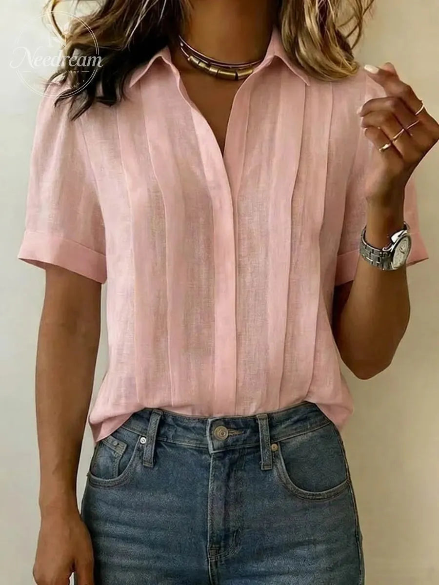 Clearance Sale🔥 Women's Lapel Short-sleeved Casual Loose Pleated Cotton And Linen Shirt