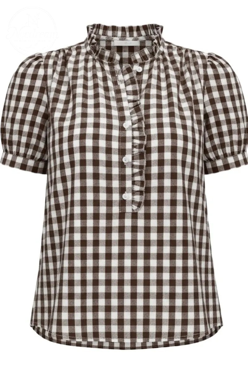 Women Puff Sleeve Plaid Blouses Dressy Casual Business Tops Ruffled Tirm Henley Shirts