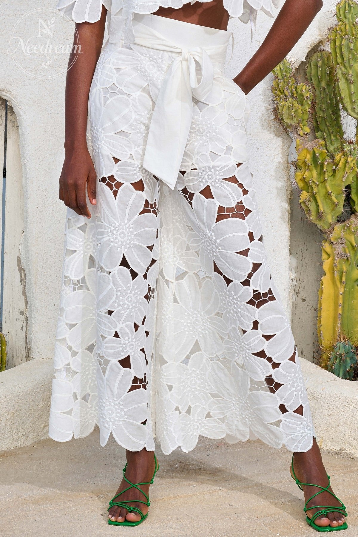 Two-Piece Set: Openwork Lace Cardigan Top And Wide-Leg Pants