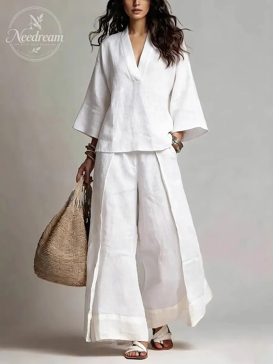 Loose Plus Size Contrast Color Pleated Pockets V-Neck Two Pieces Set