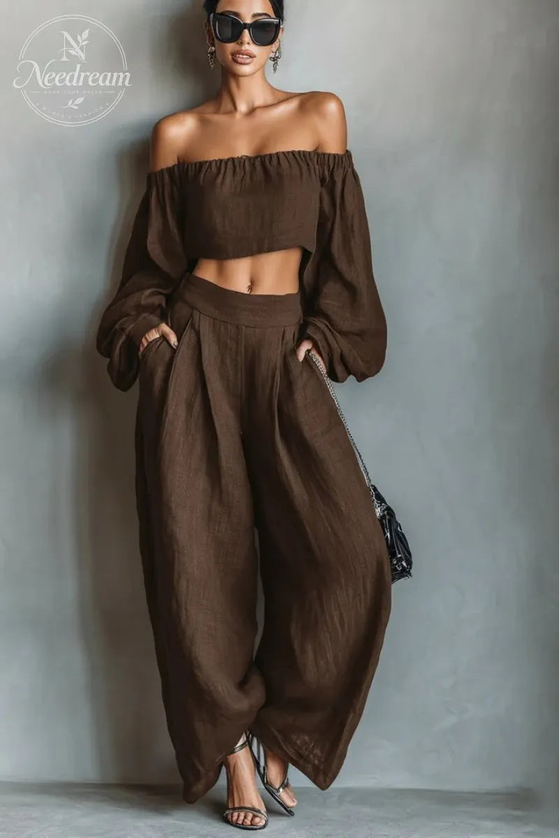 Women's Minimalist Linen Blend Strapless Long-sleeved Blouse And Wide-leg Pants Set