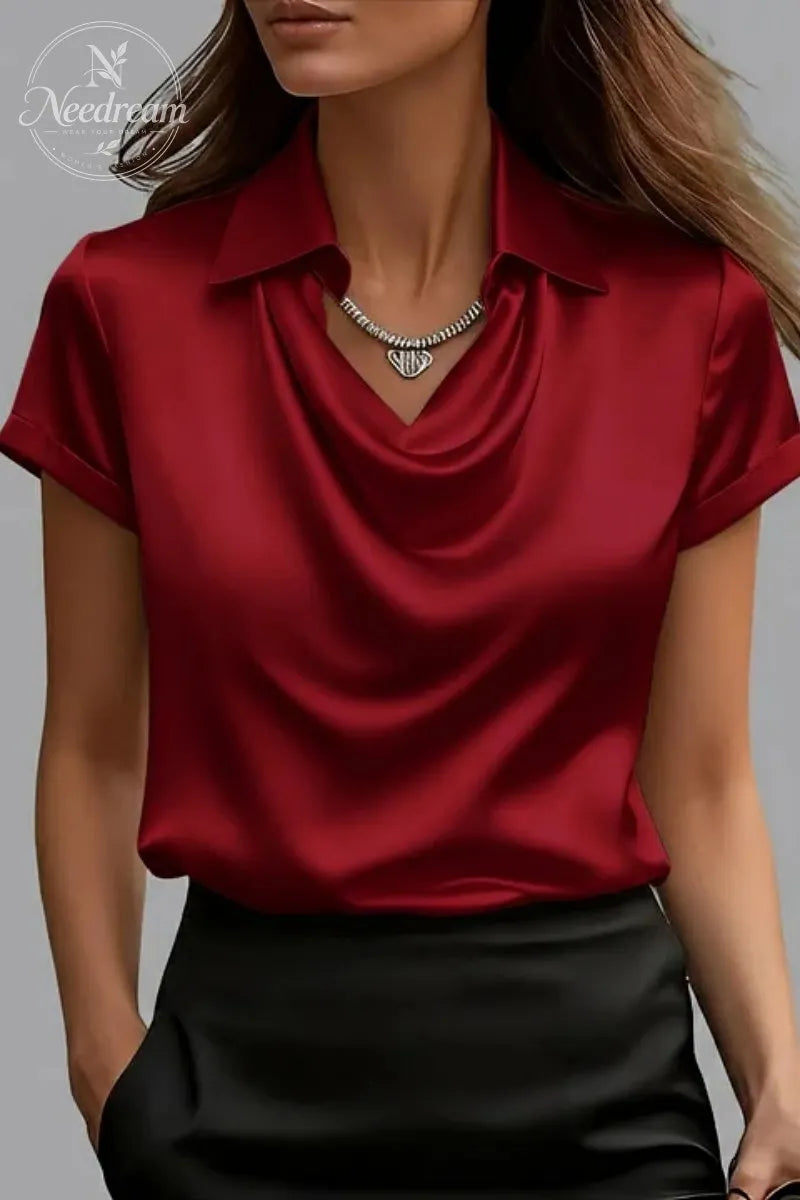 Women's Solid Turndown Collar Cowl Neck Long Sleeve Blouse