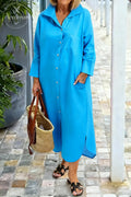 Women's Elegant A-Line Dress with Three-Quarter Sleeves & Practical Pockets