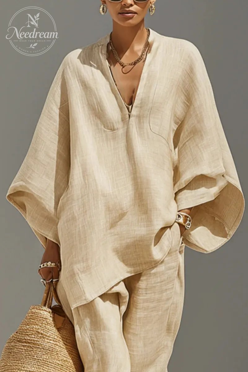Women's Neutral Linen Set With Asymmetric Hem & Minimalist Design, Sophisticated Daily-Casual Style Set
