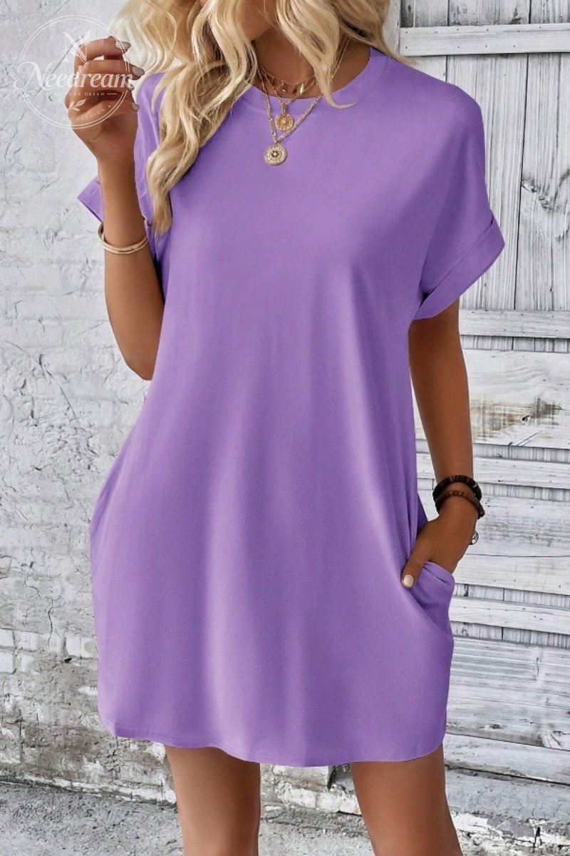 Casual Minimalist Round Neck Roll Up Sleeve Dress