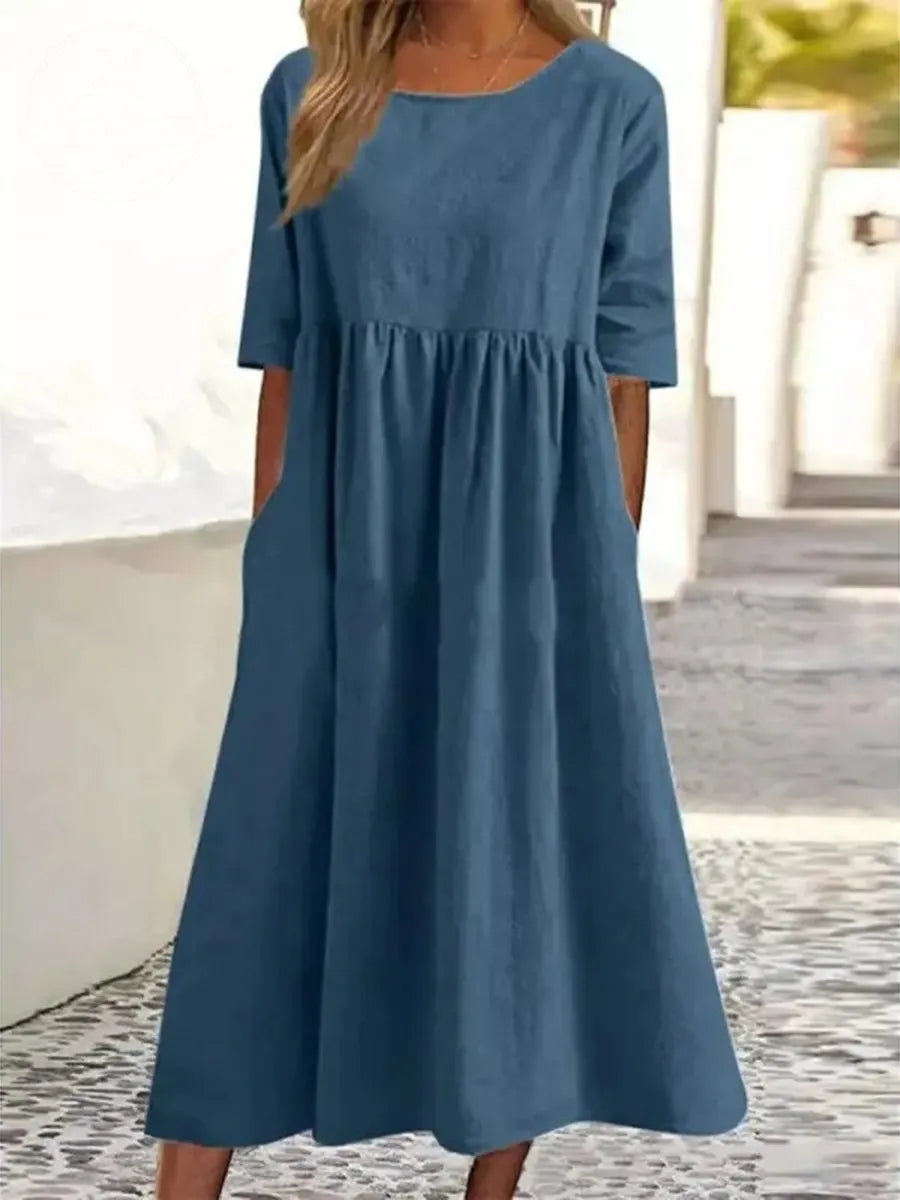Women's Summer New Cotton and Linen Casual Short Sleeve Pocket Fold Loose Round Neck Dress