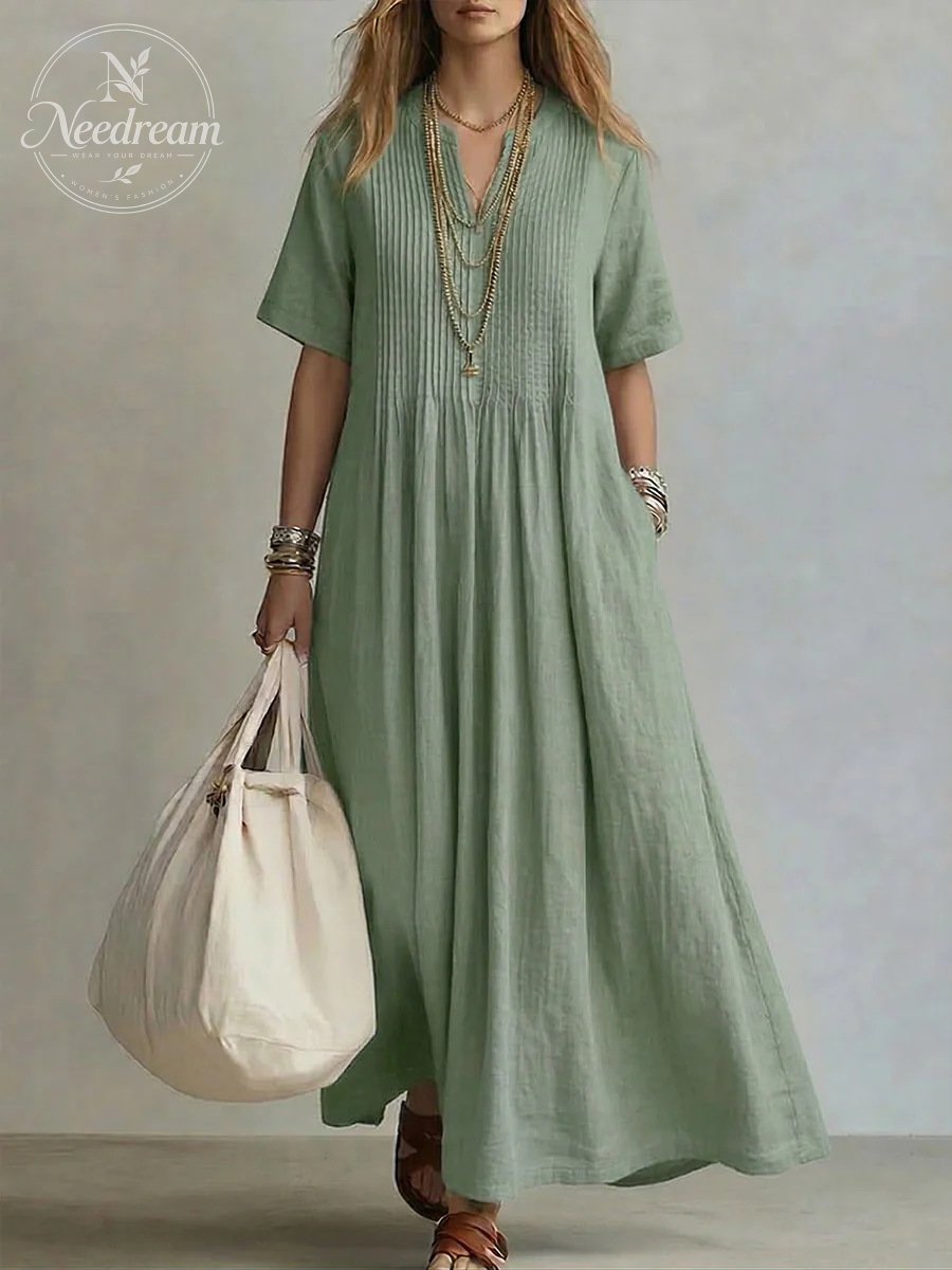 🔥 Women'S V-Neck Short-Sleeved Pleated Cotton-Linen Dress