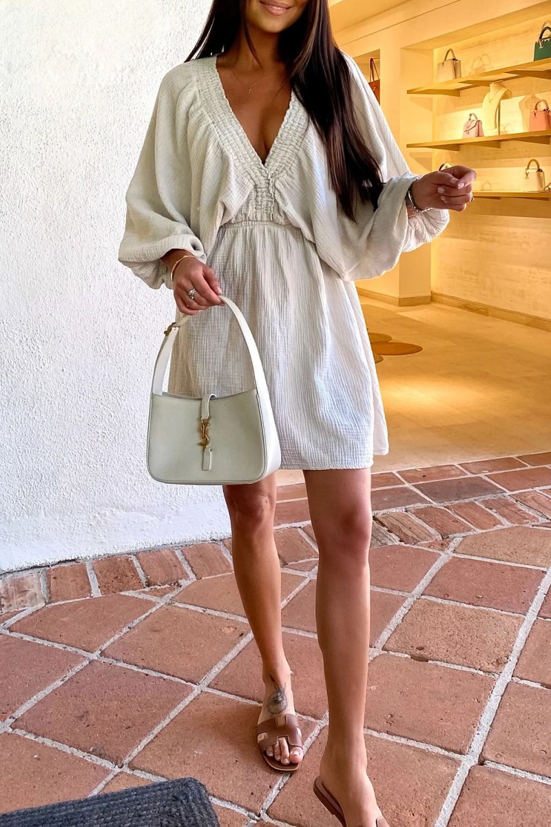 Cheesecloth Ruched Detail V-Neck Dress