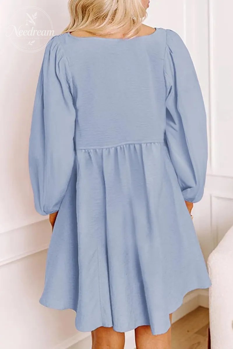 Smocked Crewneck Button Up Long Sleeve Empire Waist A-Line Mini Dress