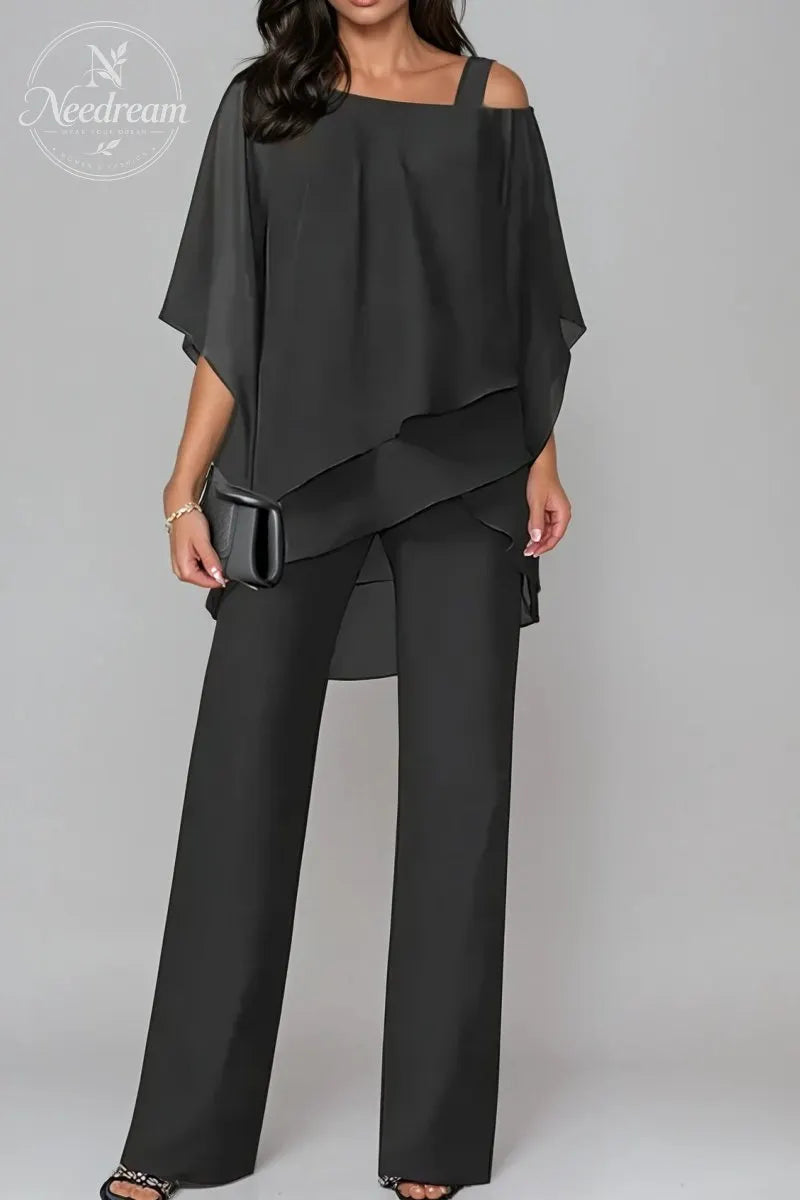Elegant Layered Chiffon Top & Wide-Leg Pants Set