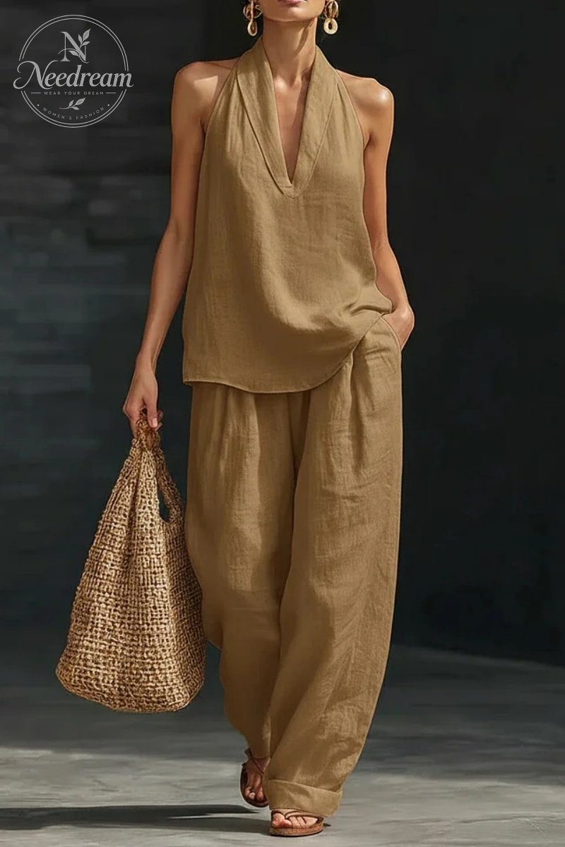 Women's V-neck Top + Tencel Linen Casual Suit