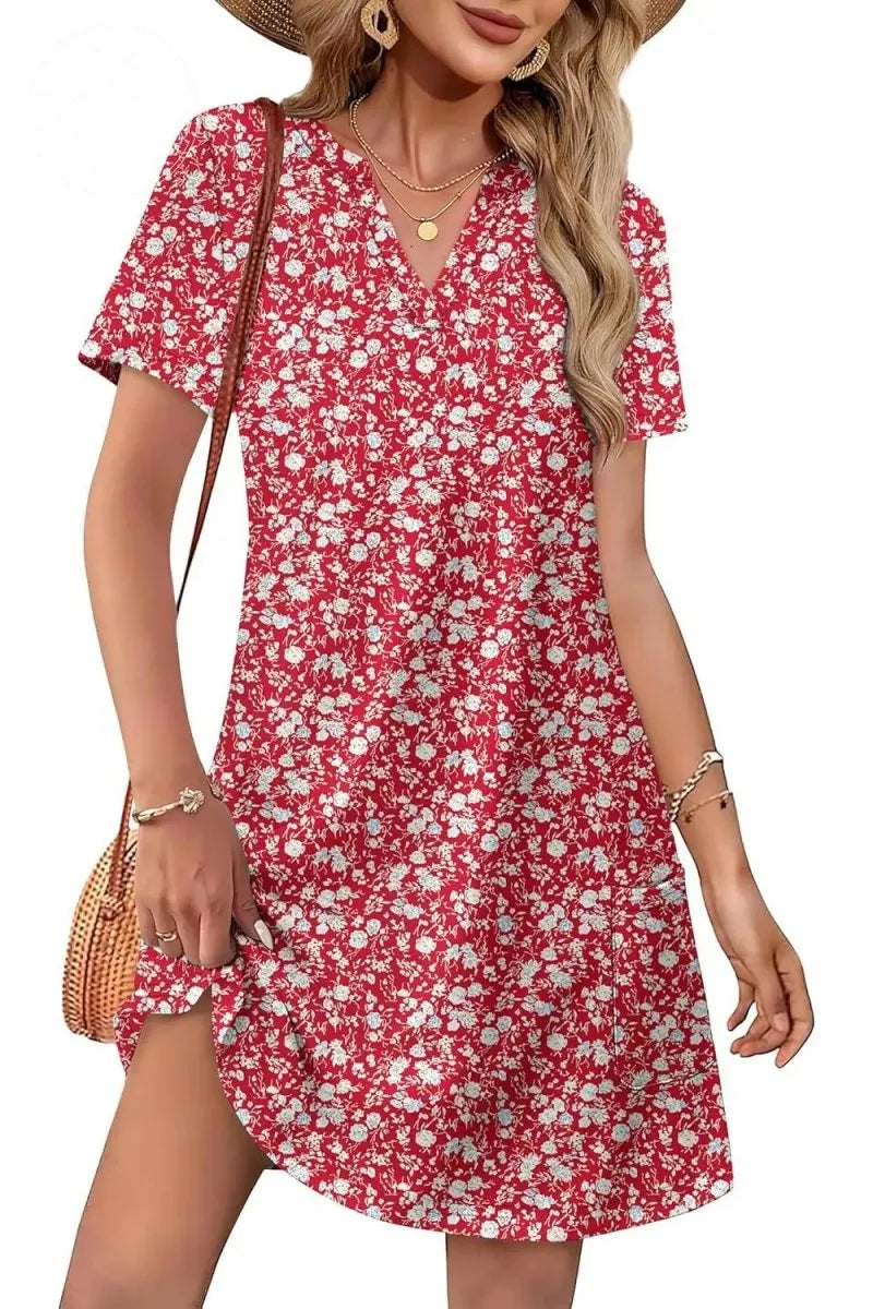 Casual Summer V Neck Wedding Guest Dress Short Sleeve Fashion Beach Vacation Clothes