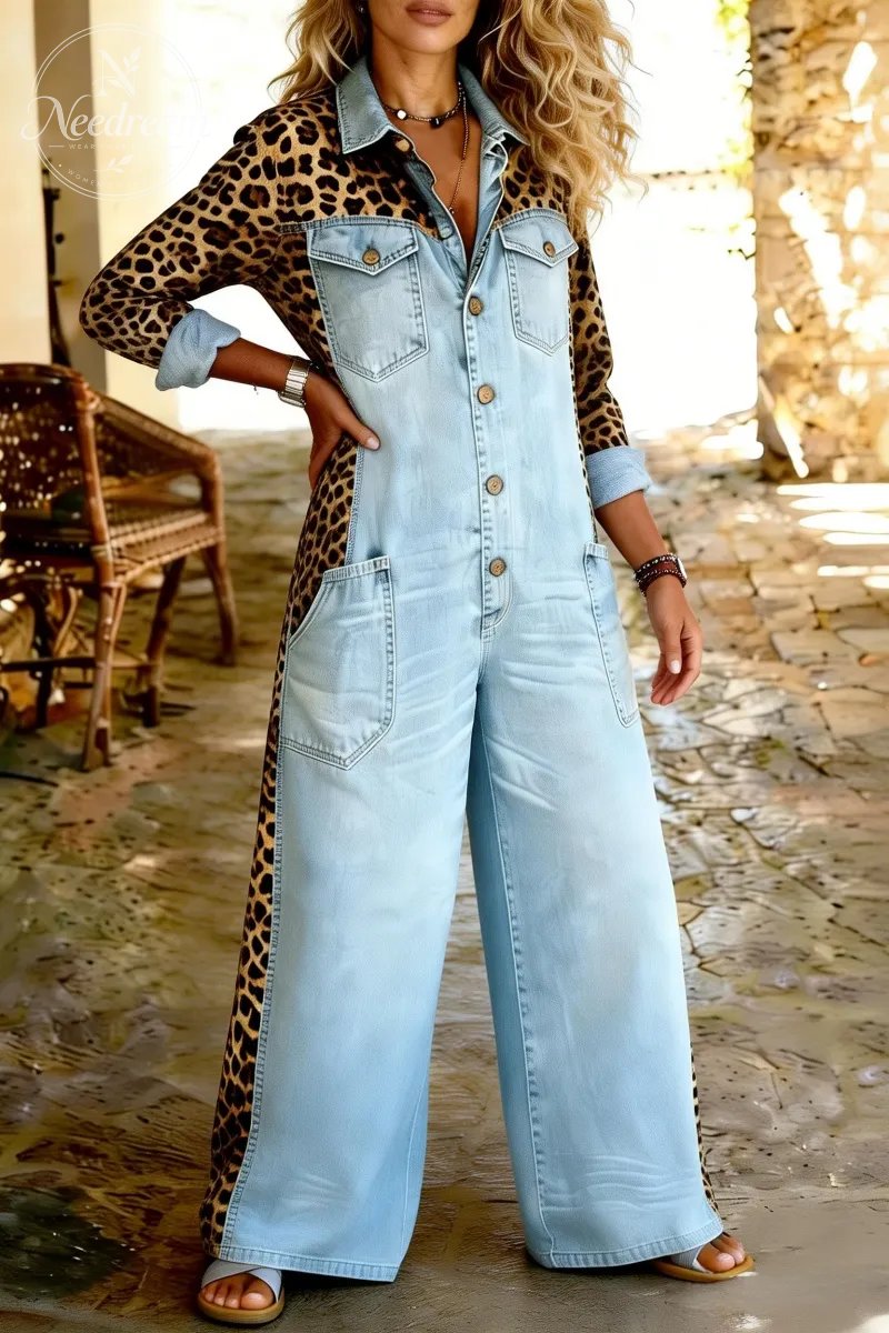 Women's Casual Long-Sleeved Pocket Leopard Print Denim Jumpsuit