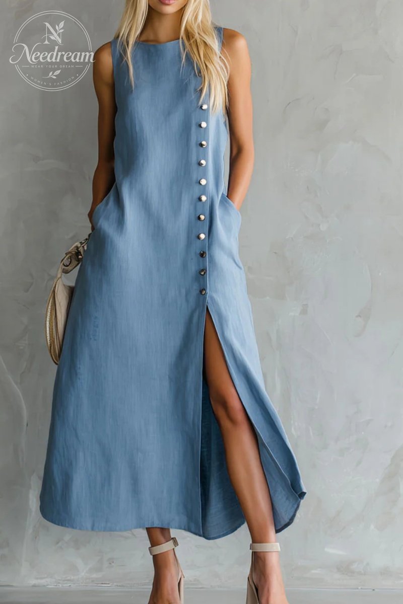 Round Neck Side Slit Sleeveless Cotton Midi Dress