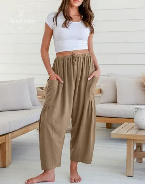 Womens Linen Wide Leg Pants Casual Loose Beach Palazzo Harem Pants with Pockets Summer Outfit