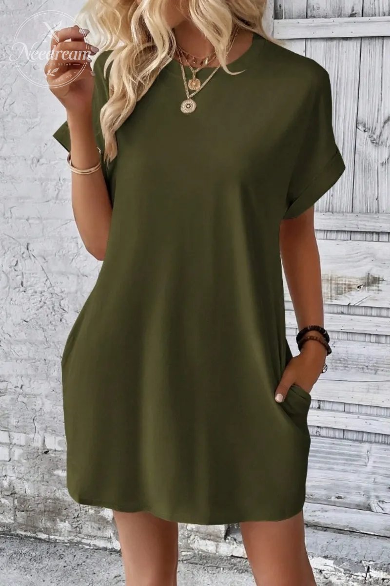 Casual Minimalist Round Neck Roll Up Sleeve Dress