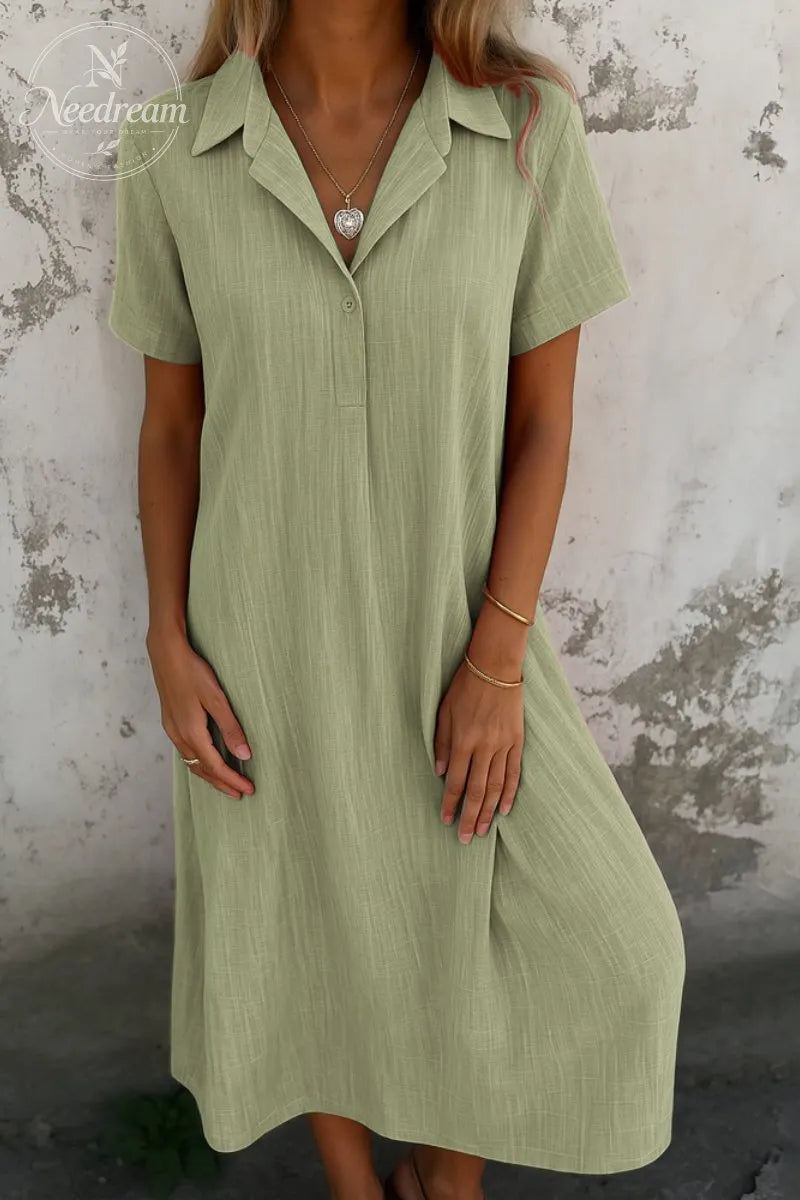 Loose-Fitting Short-Sleeved Cotton And Linen Shirt Dress