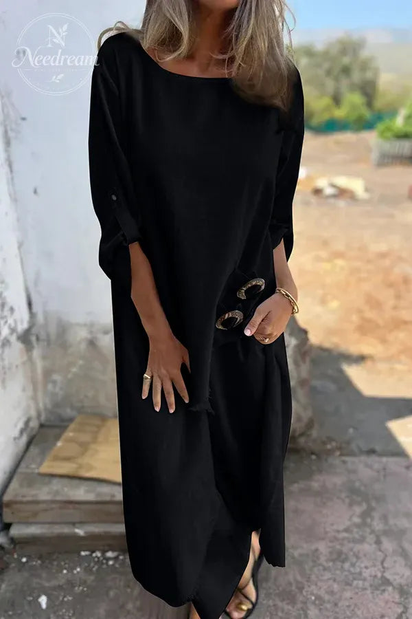 Women's Linen Blend Ring Detail Midi Blouse and Elastic Waist Pocketed Loose Pants Set