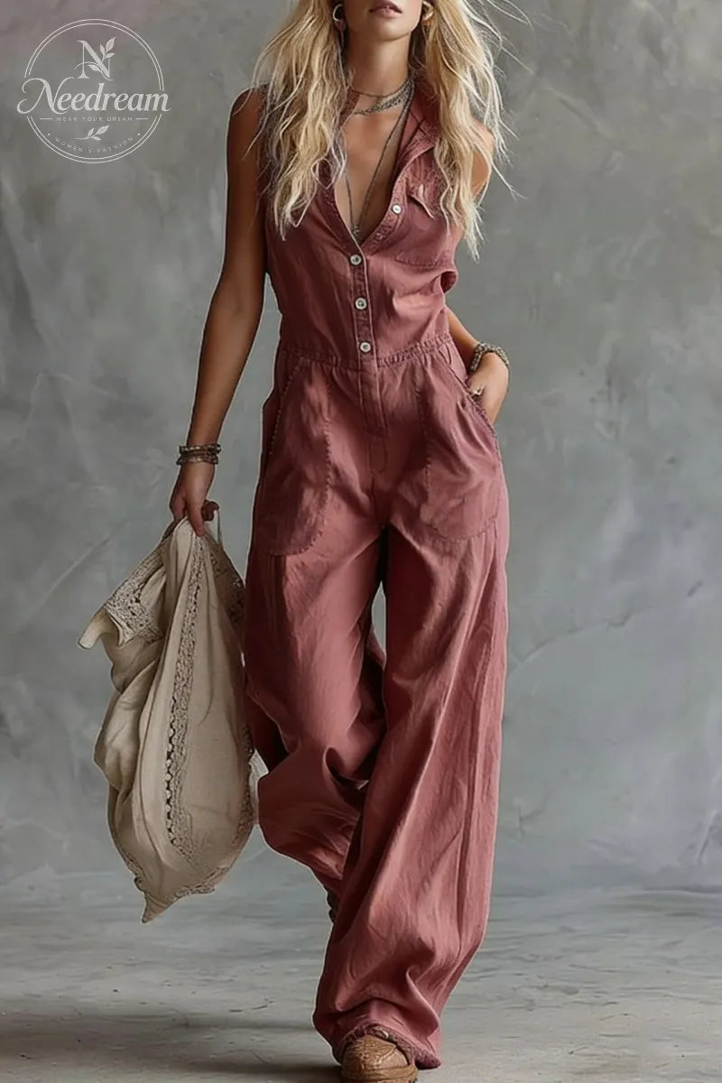 V-Neck Front-Button Sleeveless Jumpsuit