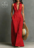 Women'S Minimalist Linen-Blend Collared Single-Breasted Sleeveless Maxi Shirt Dress