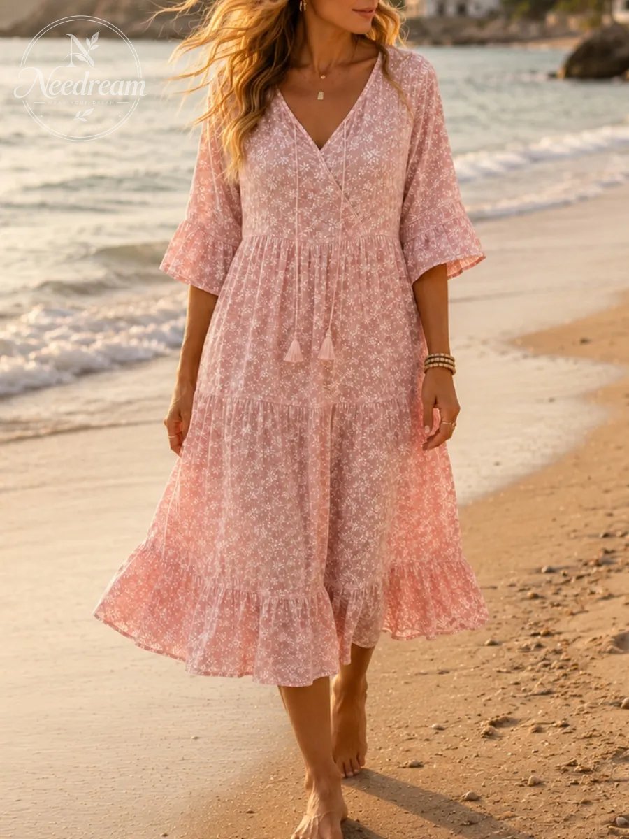 Floral Tiered Midi Dress with V-Neck Tie