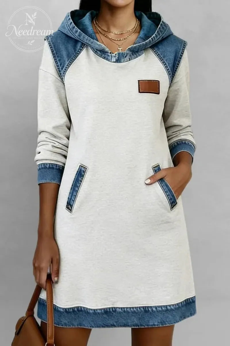 Women's Casual Navy Blue Hoodie Patchwork Denim Hoodie Long Sleeve Mini Dress