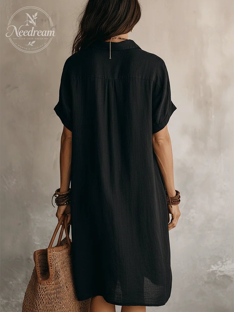 Modern Boho Effortless Black Linen Relaxed Midi Dress