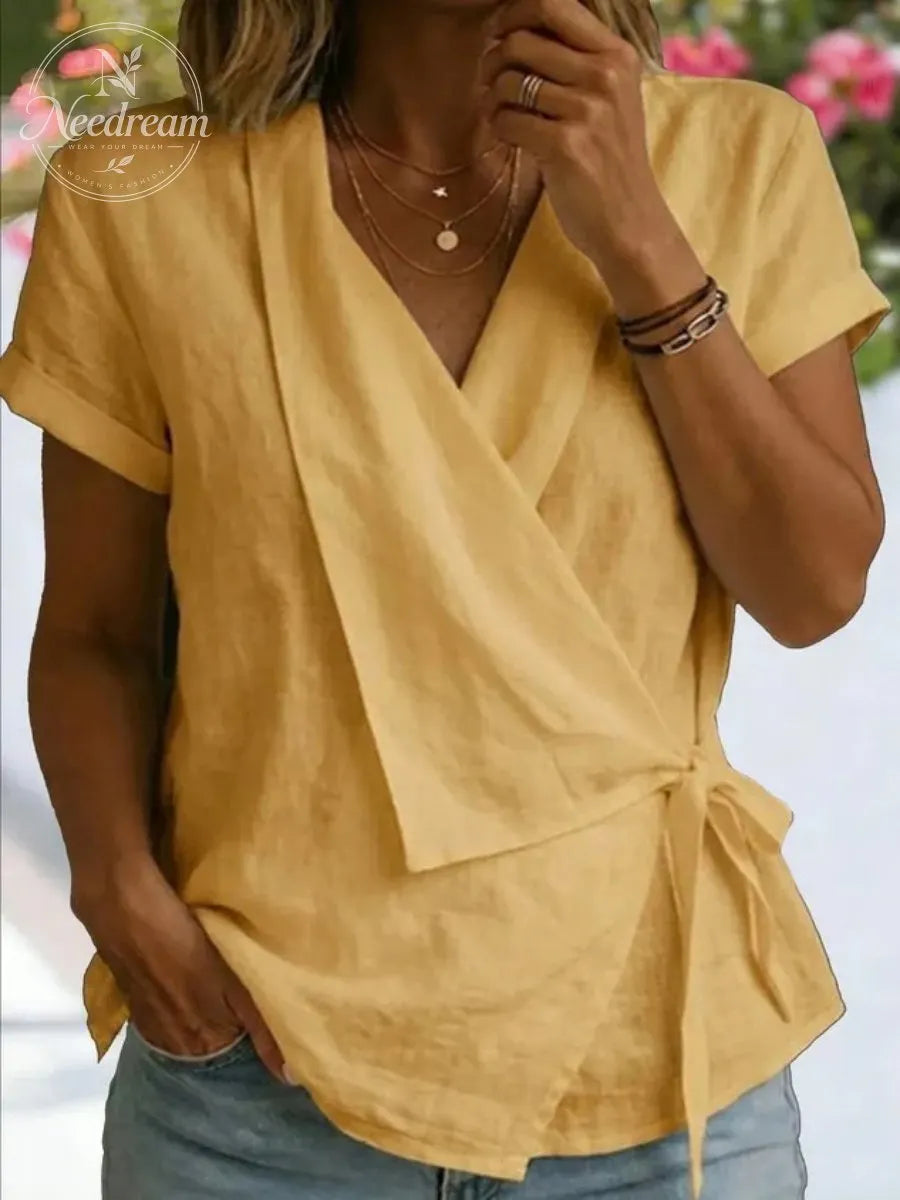 Cotton And Linen Wrap Detail V Neck Short Sleeve Irregularly Shaped Hem Casual Blouse