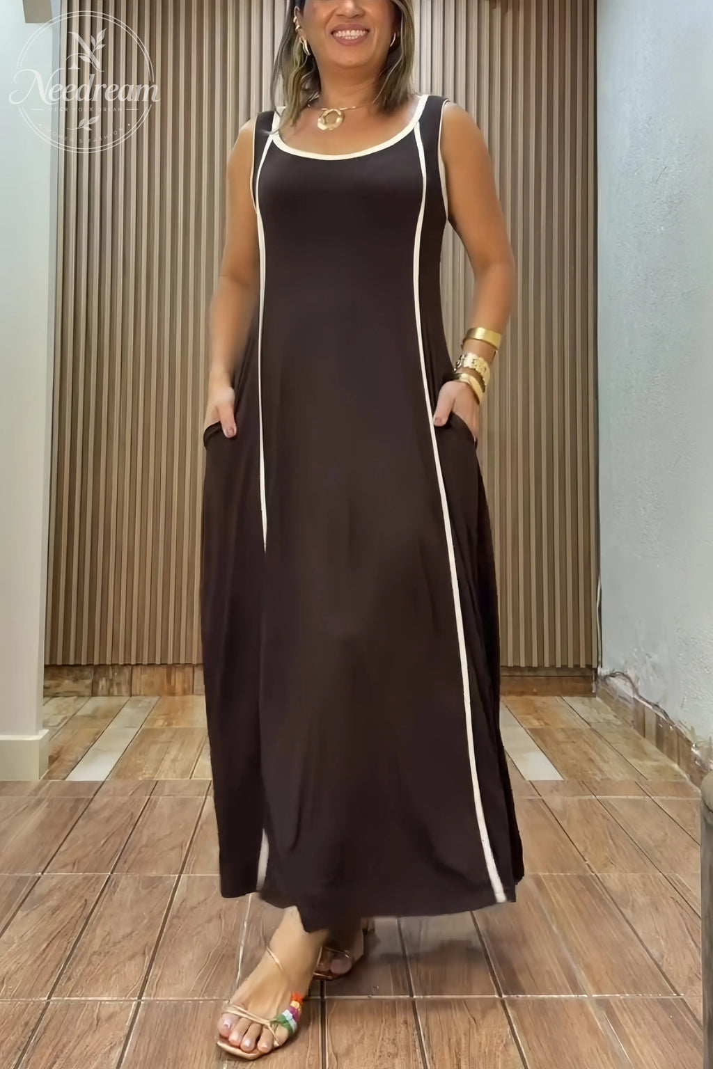 Piping Full Length A-Line Sleeveless Maxi Dress
